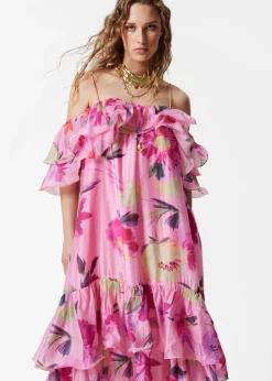 Schulterfreies Maxikleid mit Rüschen