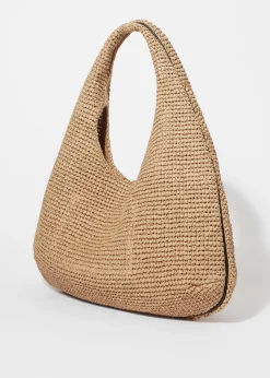 Schultertasche aus Stroh mit Lederpaspelierung